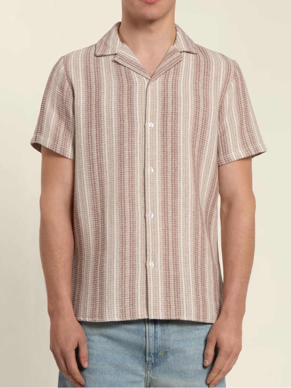 Larsson & Co Men's Short Sleeve Camp Collar Shirt in Beige Stripe